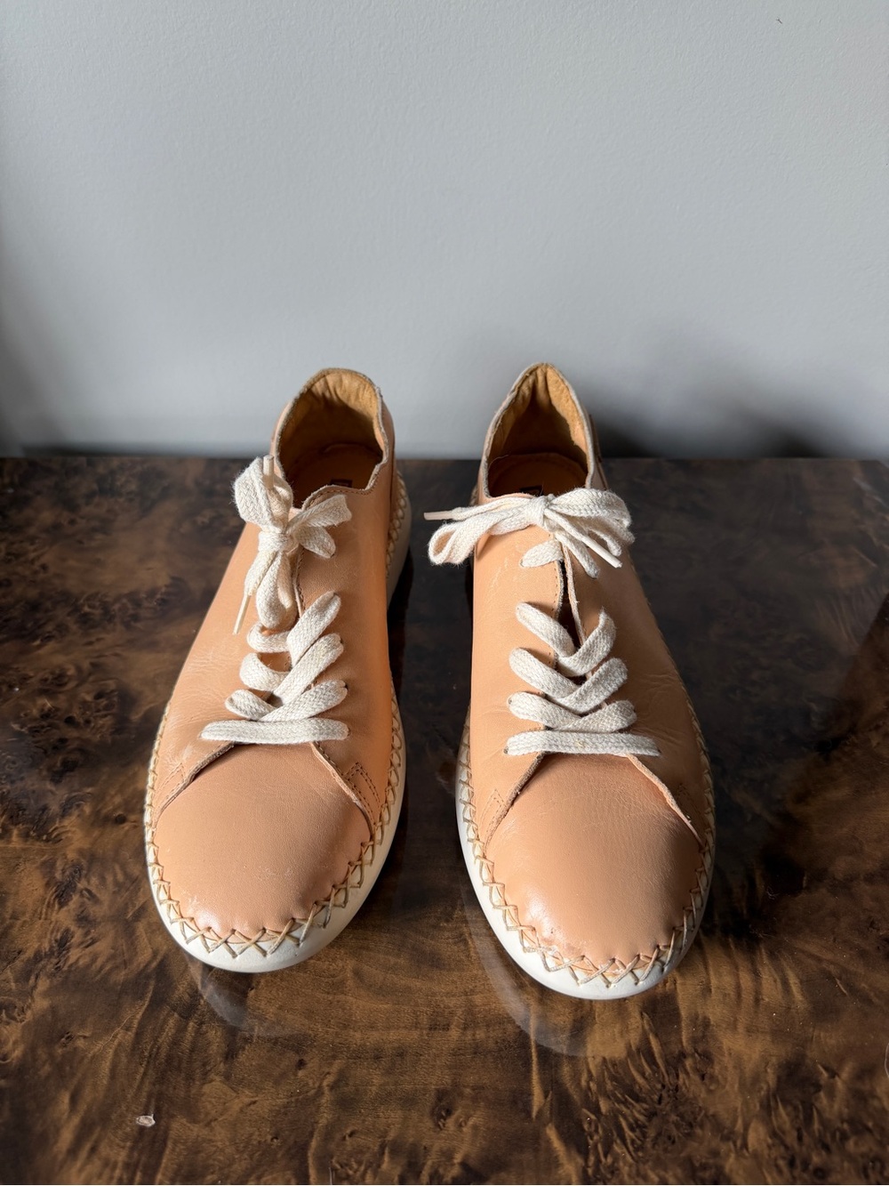 PIKOLINOS Peach Leather Lace-Up Sneakers with Cream Laces